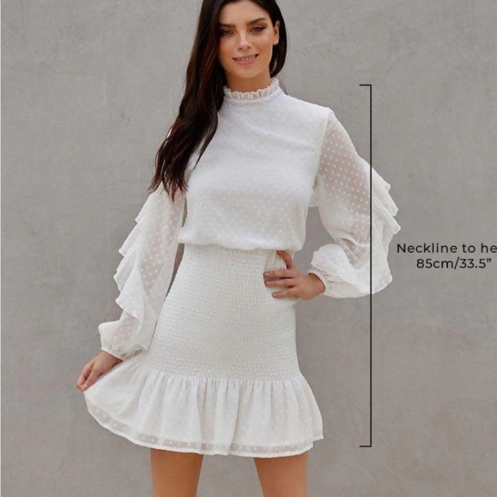 JAUS Bridal White Ruffled Long Sleeve Dress